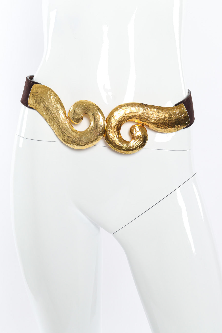 Vintage Roberto Cavalli Golden Swirl Suede Belt front view on mannequin @Recessla