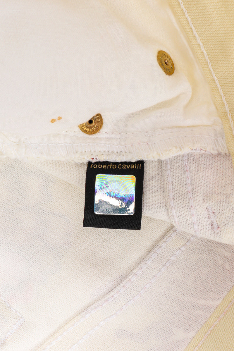 Vintage Roberto Cavalli Tattoo Graphic Denim Pants authenticity holographic tag closeup @Recessla