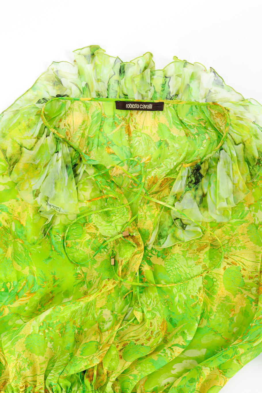 Roberto Cavalli Silk Floral Peasant Dress front lace up closeup @recess la