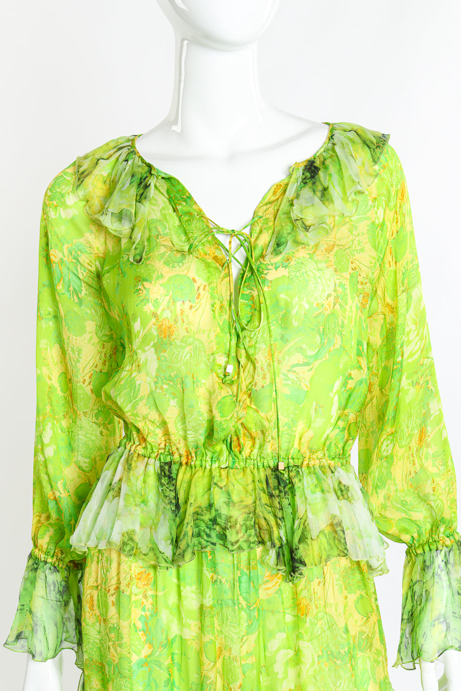 Roberto Cavalli Silk Floral Peasant Dress front on mannequin closeup @recess la