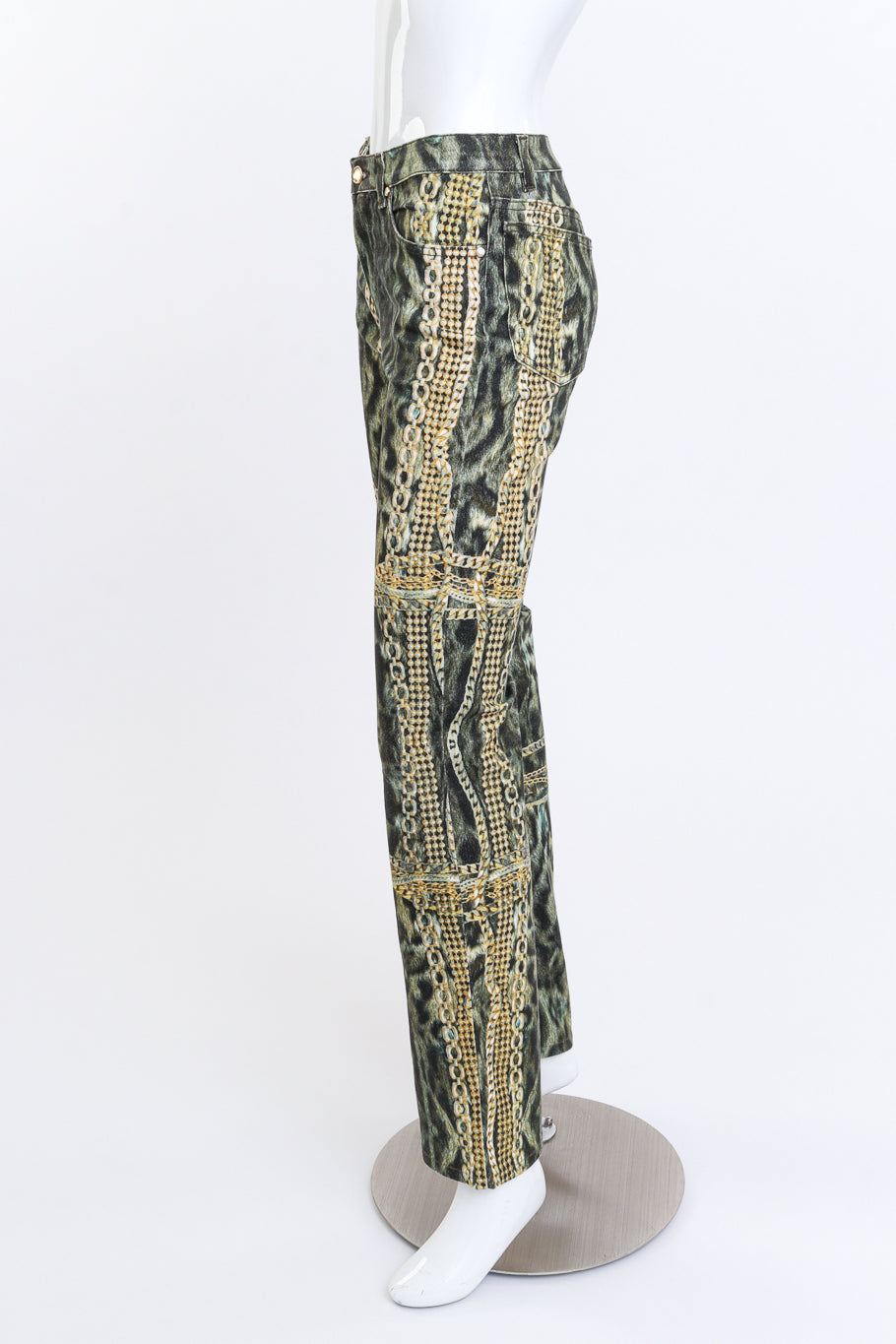 Roberto Cavalli 2003 F/W Leopard & Chain High Rise Jeans side on mannequin @recess la