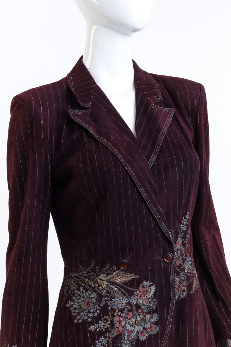 Vintage 1970s Roberto Cavalli Pinstripe Suede Blazer  front on mannequin closeup @recess la