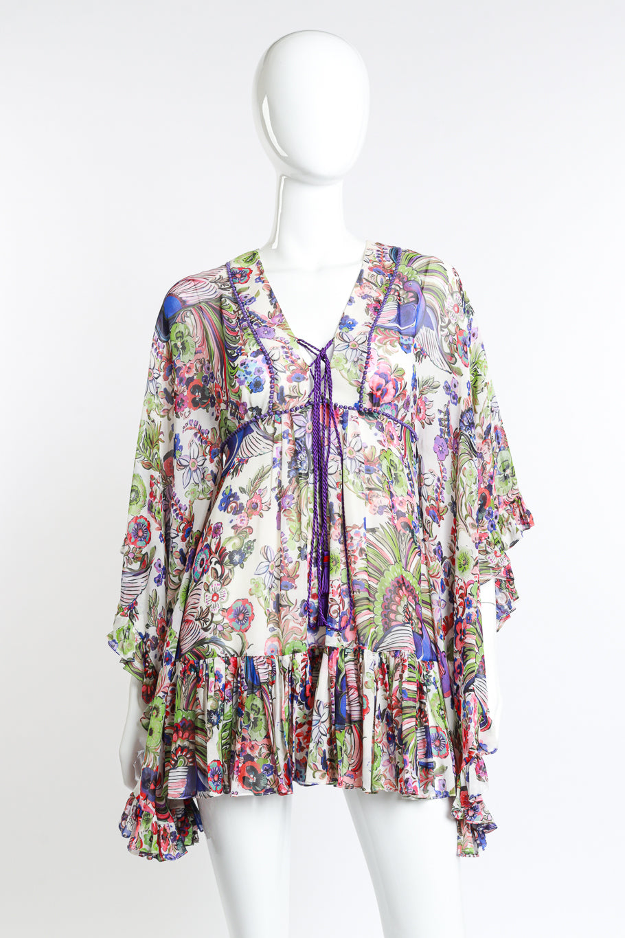 Roberto Cavalli Floral Bell Sleeve Peasant Dress front on mannequin @recess la