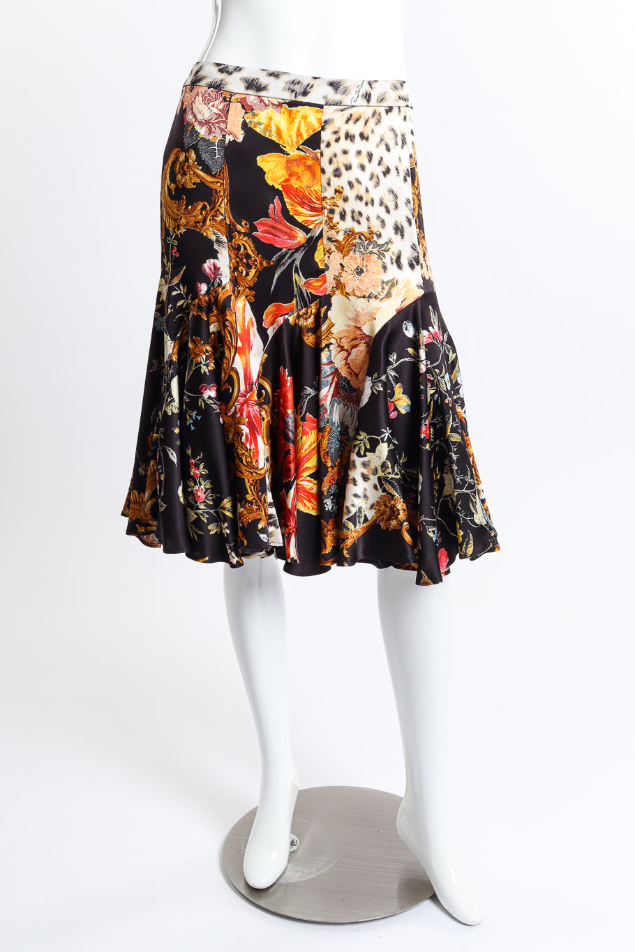 Vintage Roberto Cavalli Floral Leopard Ruffle Skirt front on mannequin @recess la