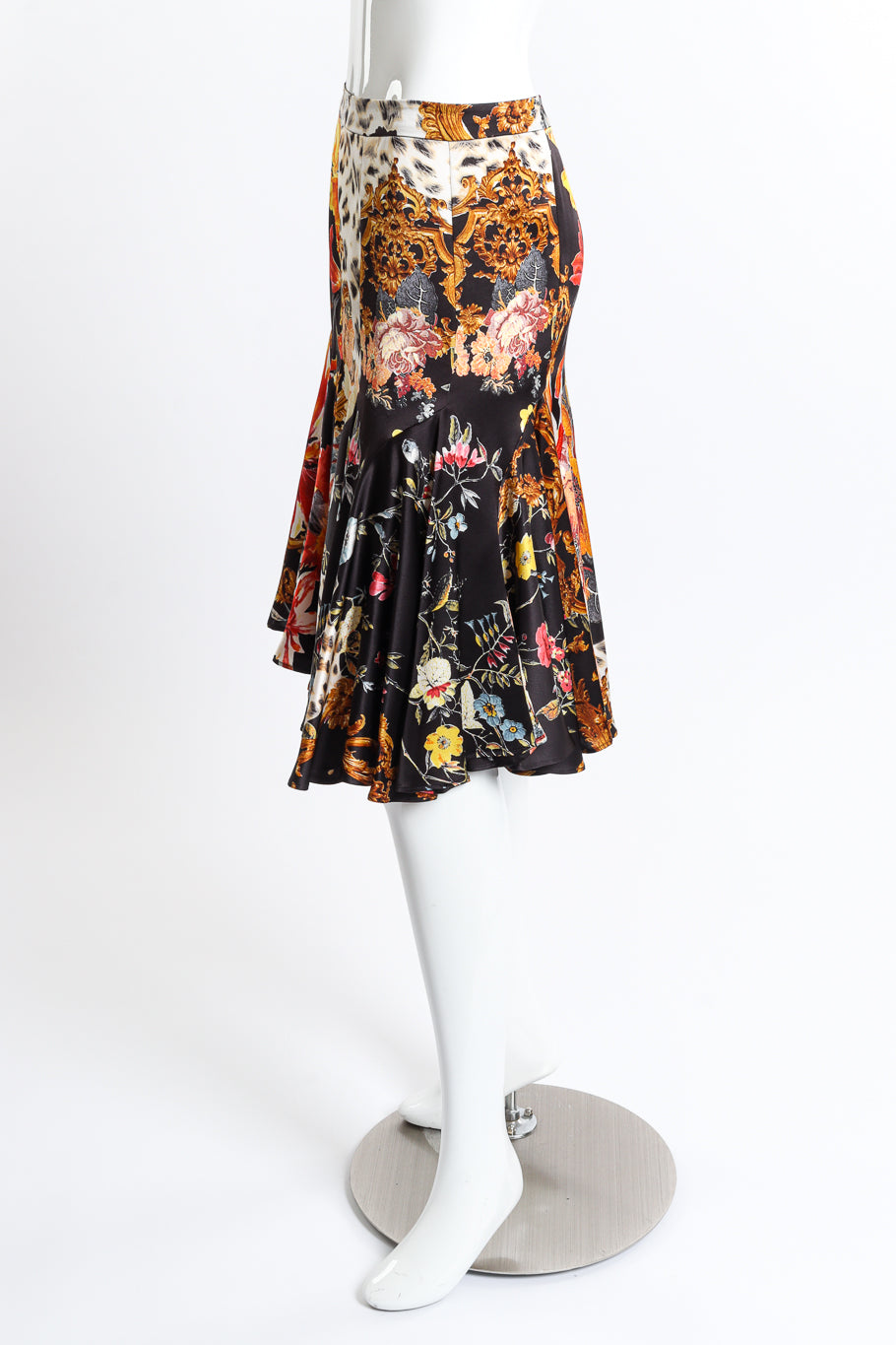 Vintage Roberto Cavalli Floral Leopard Ruffle Skirt side on mannequin @recess la