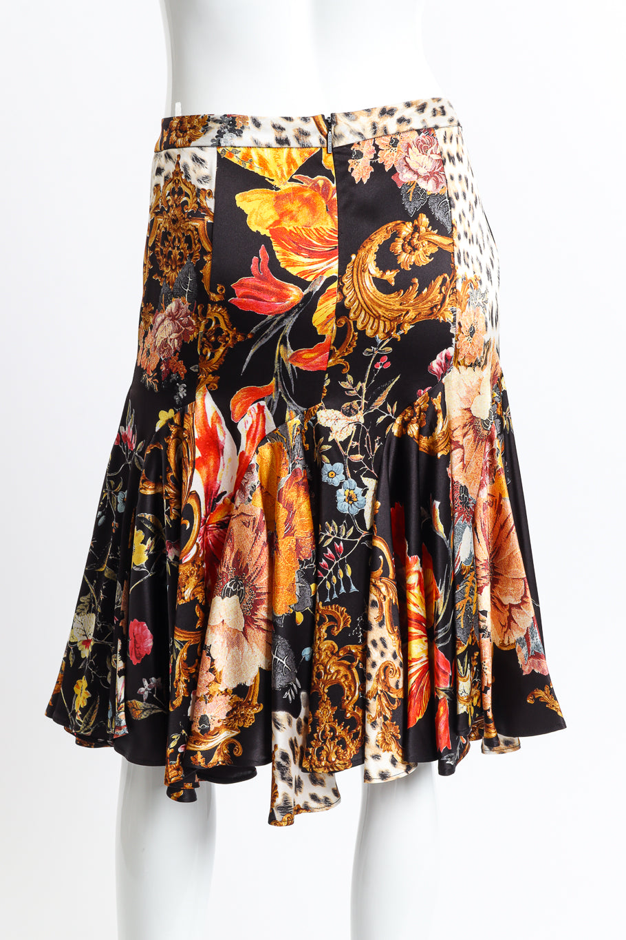 Vintage Roberto Cavalli Floral Leopard Ruffle Skirt back on mannequin closeup @recess la