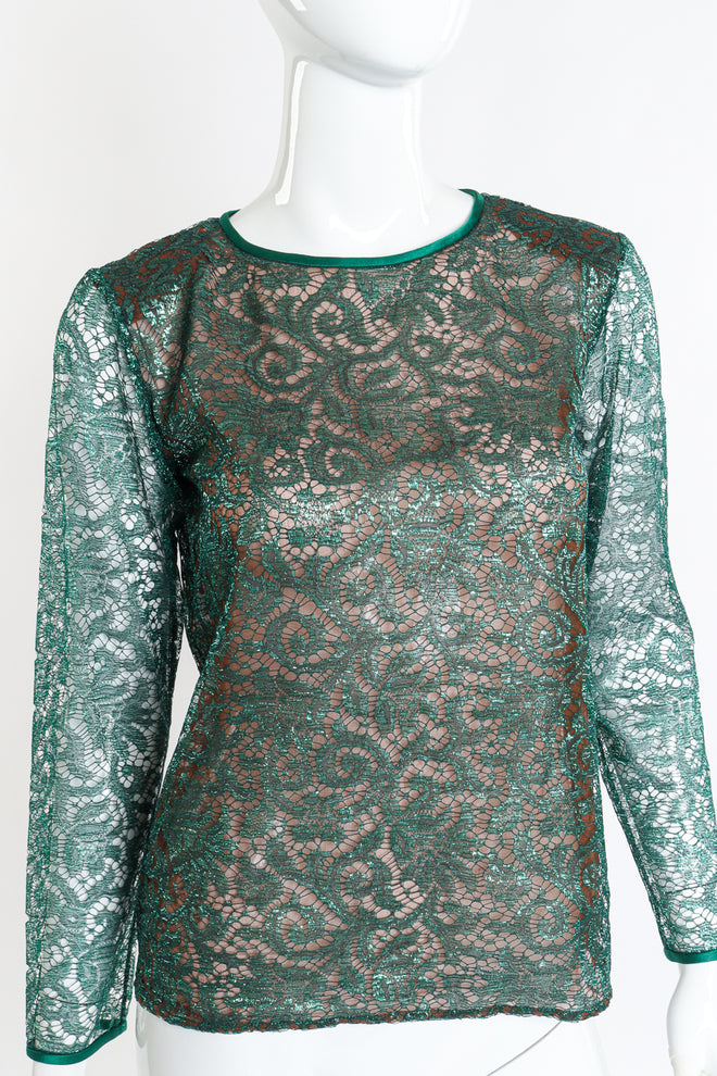 Vintage Saint Laurent Rive Gauche Metallic Lace Blouse front on mannequin closeup @recessla