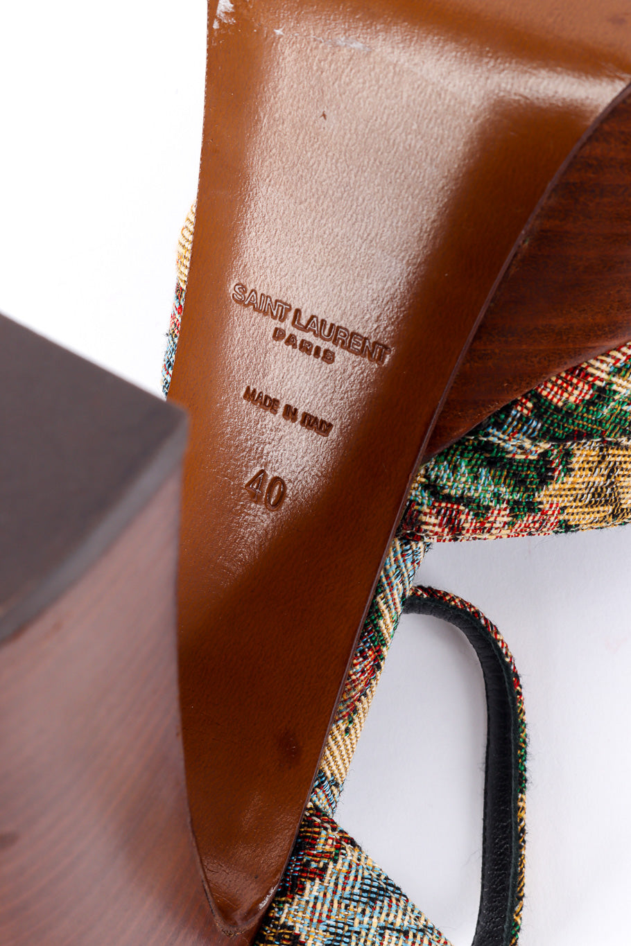 Saint Laurent Floral Tapestry Platform Heels outersole size and signature closeup @recessla