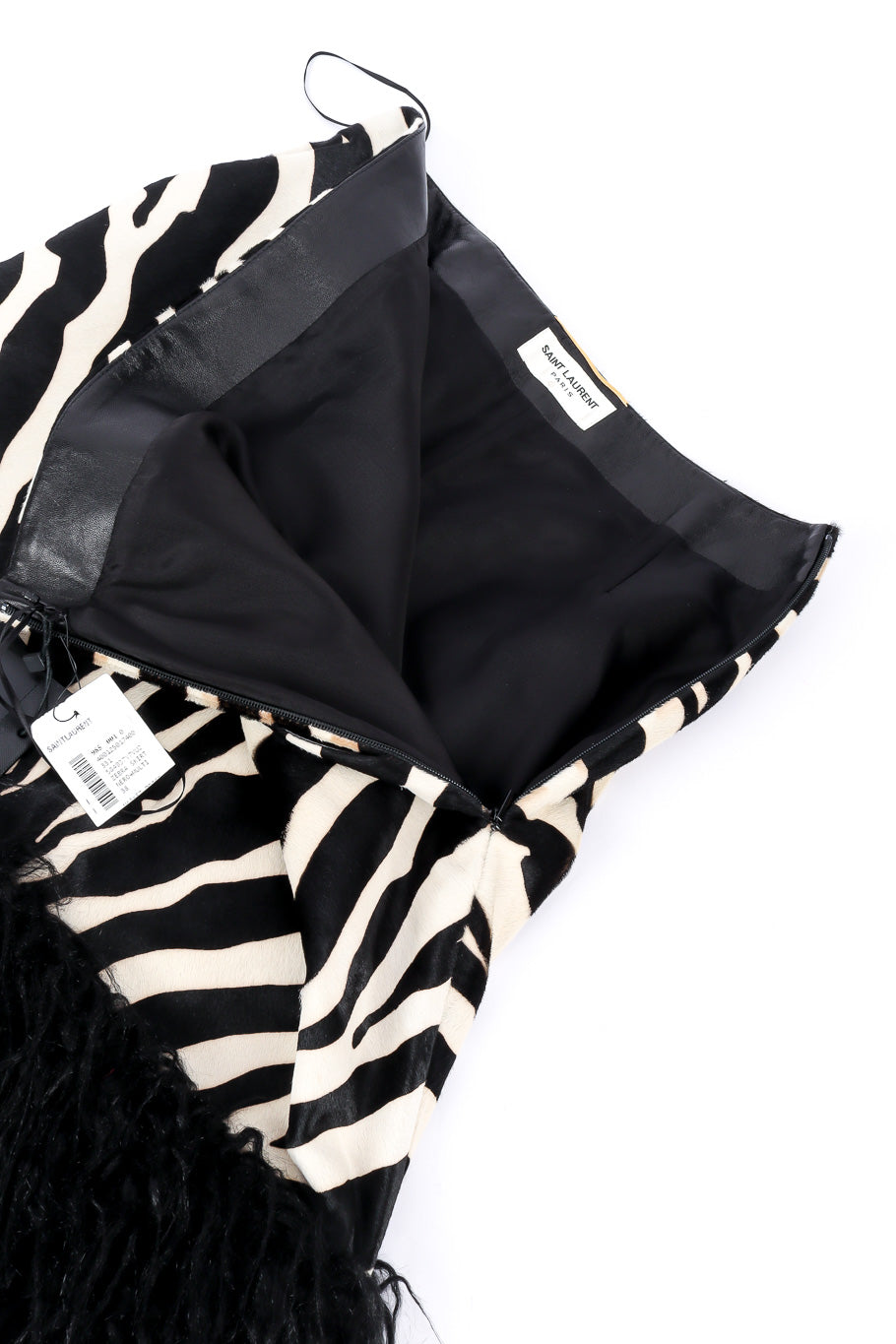 Saint Laurent 2019 F/W Zebra Print Midi Skirt unzipped laid flat on a white background @Recessla