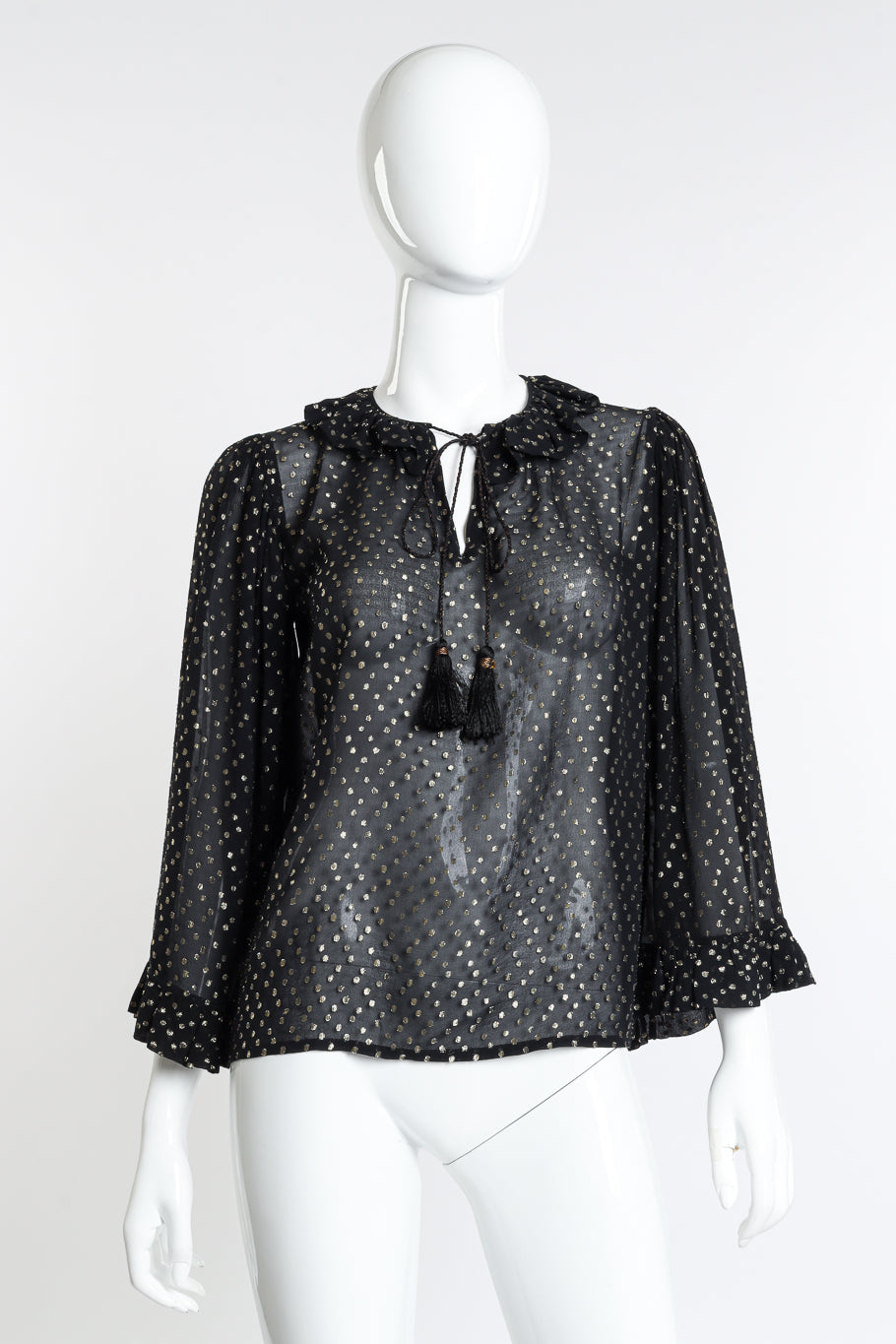 Vintage Saint Laurent Rive Gauche Polka Dot Metallic Blouse front on mannequin @recess la