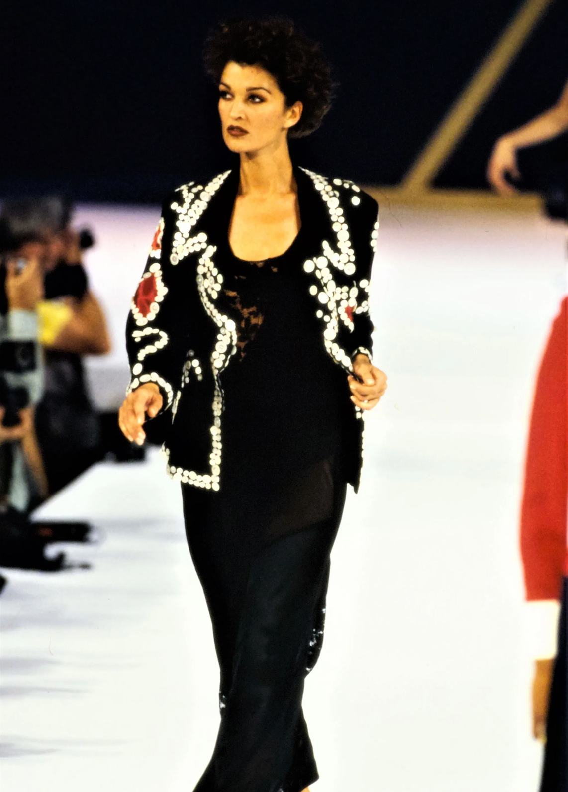 Vintage Moschino Mother of Pearl Button Blazer front view on model on runway from Vogue archives  @Recessla
