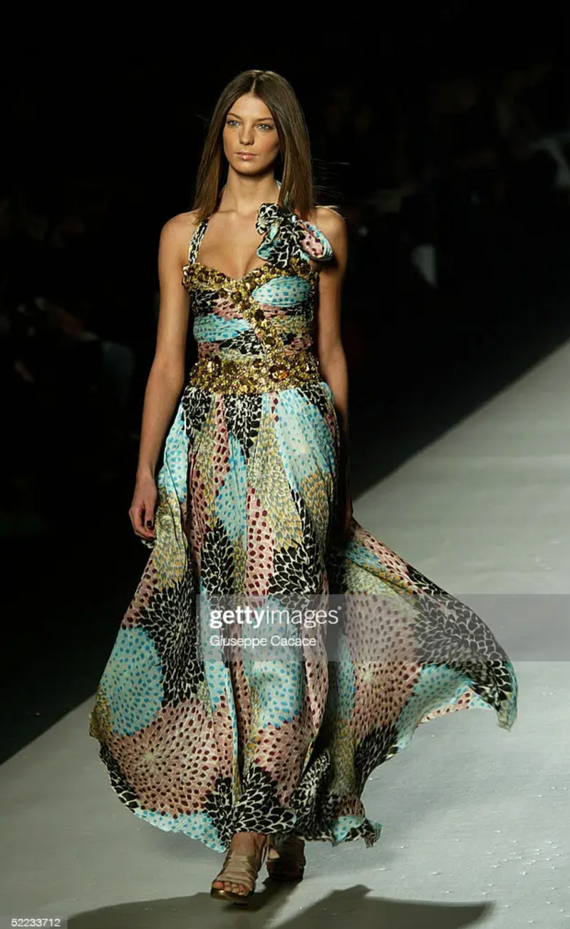 2005 F/W Ruche Beaded Halter Dress by Missoni on model runway from Getty images @recessla