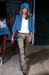 Fur bucket hat by Dolce & Gabbana in blue on model on runway 