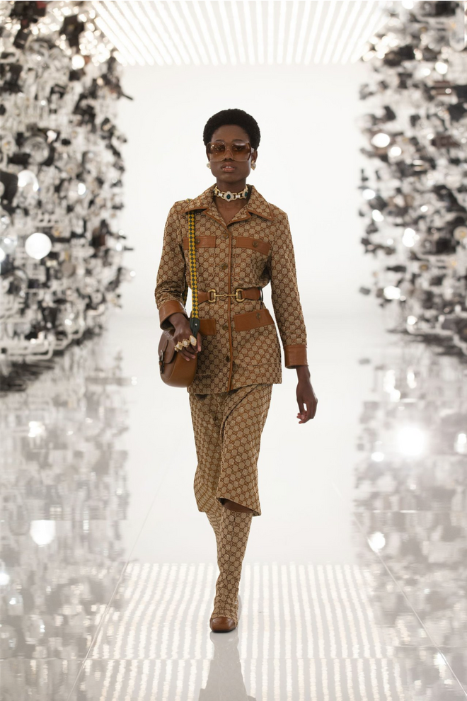 monogram safari jacket by Gucci on model on 2022 runway