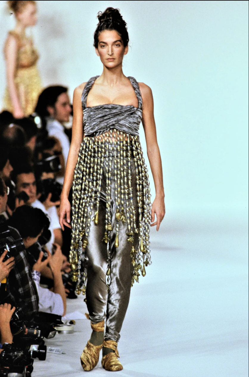 Metallic Fringe Velvet Vest color and fringe on model on 1990 runway