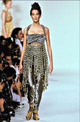 Metallic Fringe Velvet Vest color and fringe on model on 1990 runway