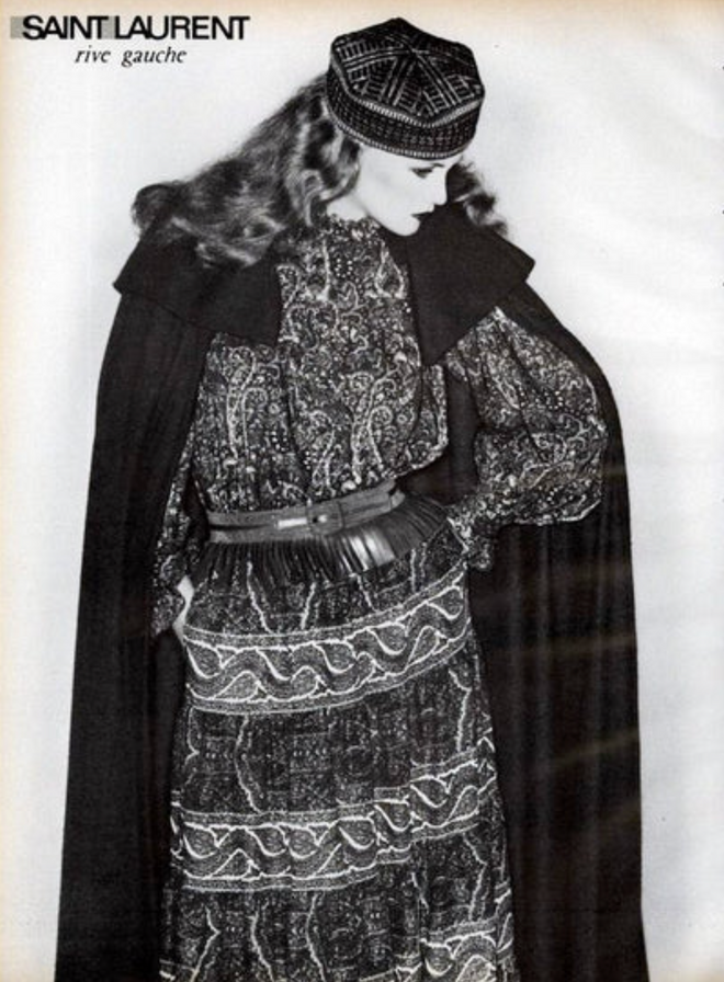 Ruffle Tassel Cape by Saint Laurent on model in 1977 ad