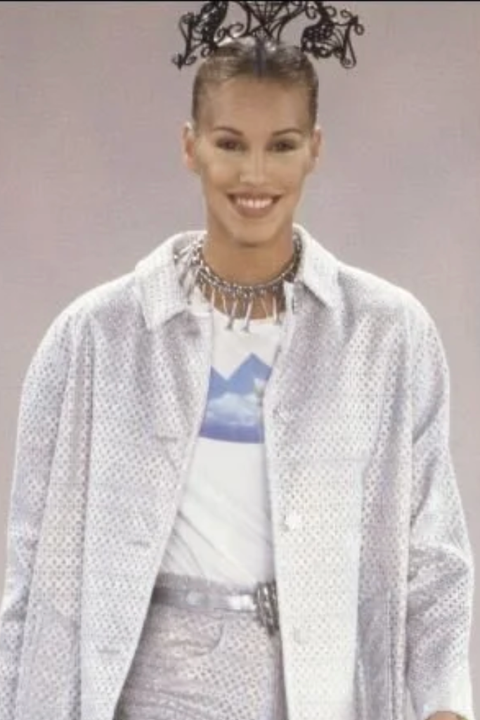 Silver Screw Fringe Collar Necklace on model 2 on Todd Oldham 1994 runway 