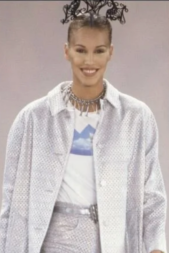 Silver Screw Fringe Collar Necklace on model 2 on Todd Oldham 1994 runway 