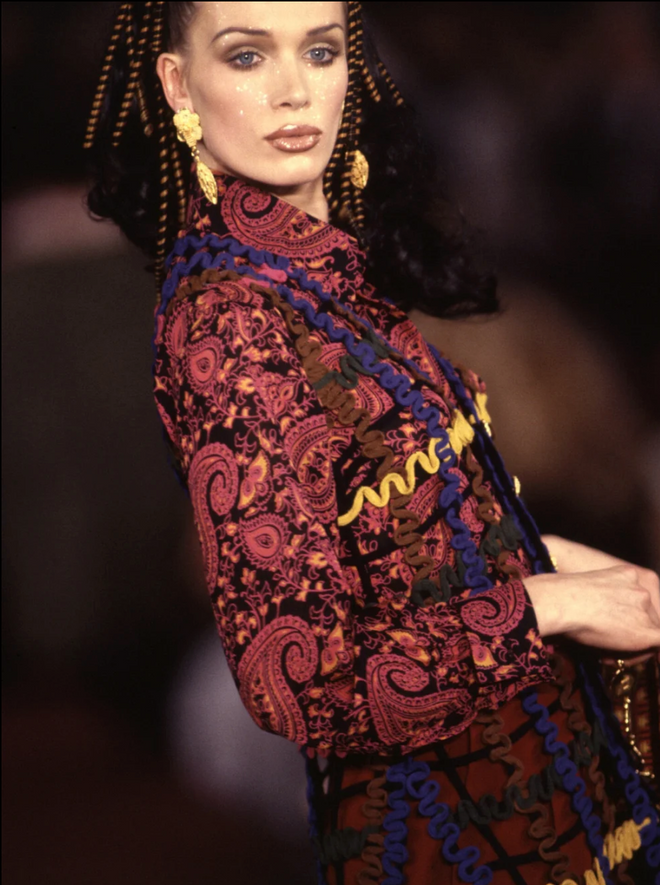 Beaded Floral Leaf Earrings by Todd Oldham on model side on 1993 runway 
