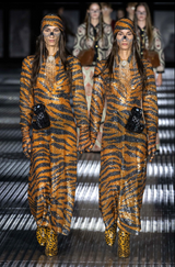 Sequin Tiger Gown bu Gucci on twin models on  2023 runway runway 