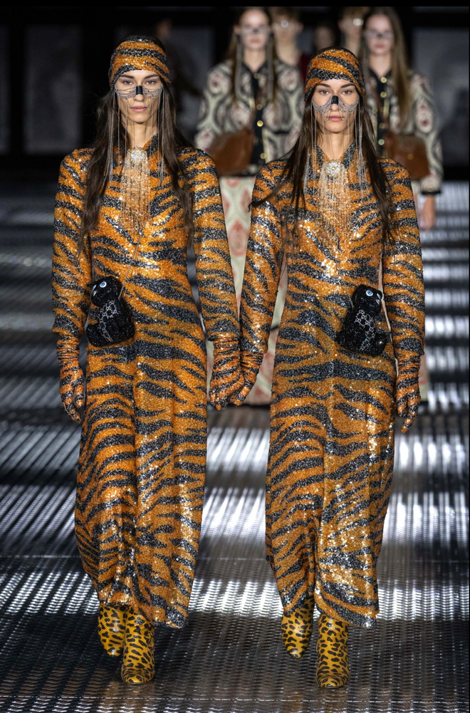 Sequin Tiger Gown bu Gucci on twin models on  2023 runway runway 