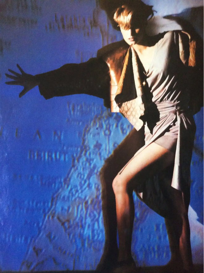 Alaia Romper & Sash Dress Set on model in 1984 photoshoot 