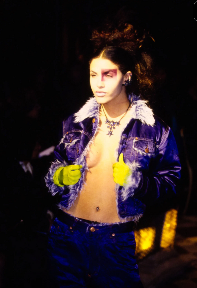 Vintage Jean Paul Gaultier Skulls Fur Jacket on model on 1995 runway close