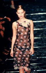 Vintage Gianni Versace Layered Mesh Floral Dress on Kate Moss on 1998 runway