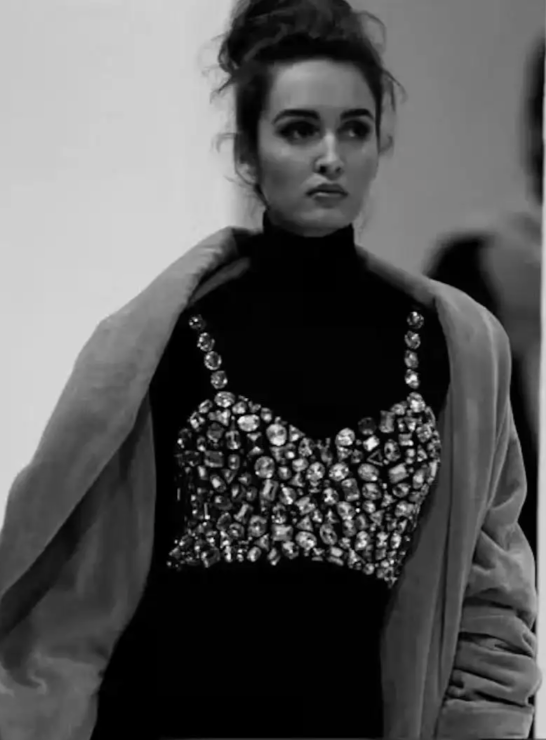 Dolce & Gabbana Rainbow Crystal Bustier Top on model on 1991 runway in black and white