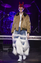 Junya Watanabe  for Comme des Garcons Denim Faux Fur Tiered Skirt on model on 2021 runway