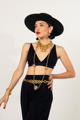 Vintage Yves Saint Laurent Double Chain Disc Belt on model in hat @Recessla