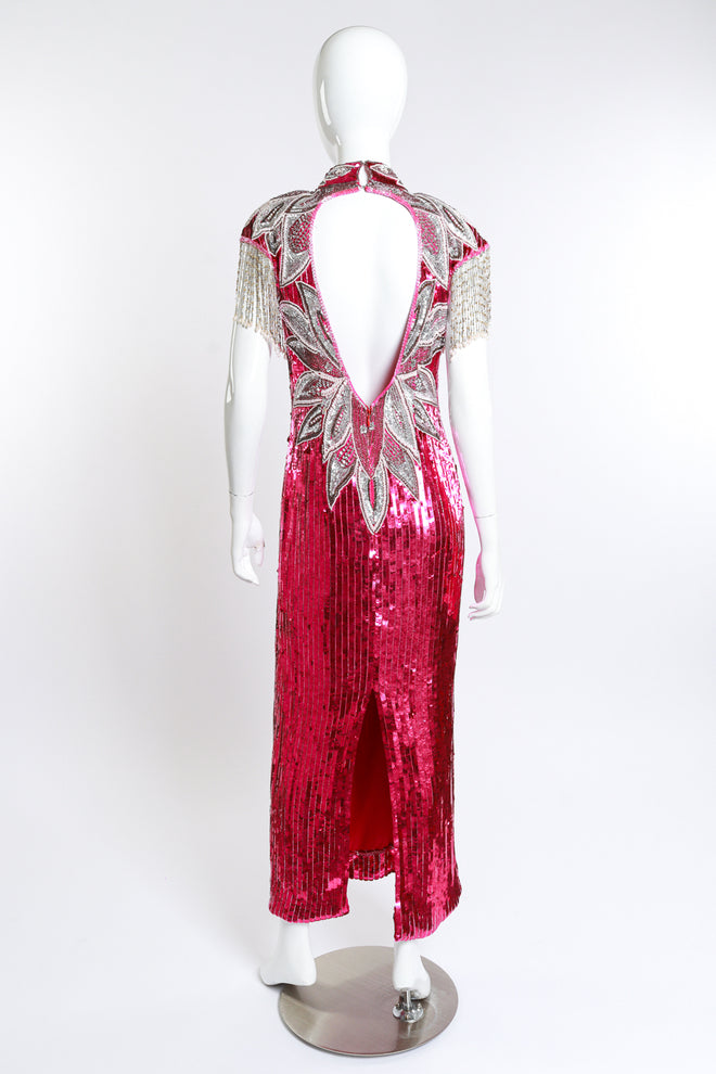 Vintage Sequins Originals Sequin Beaded Fringe Gown back on mannequin @recess la