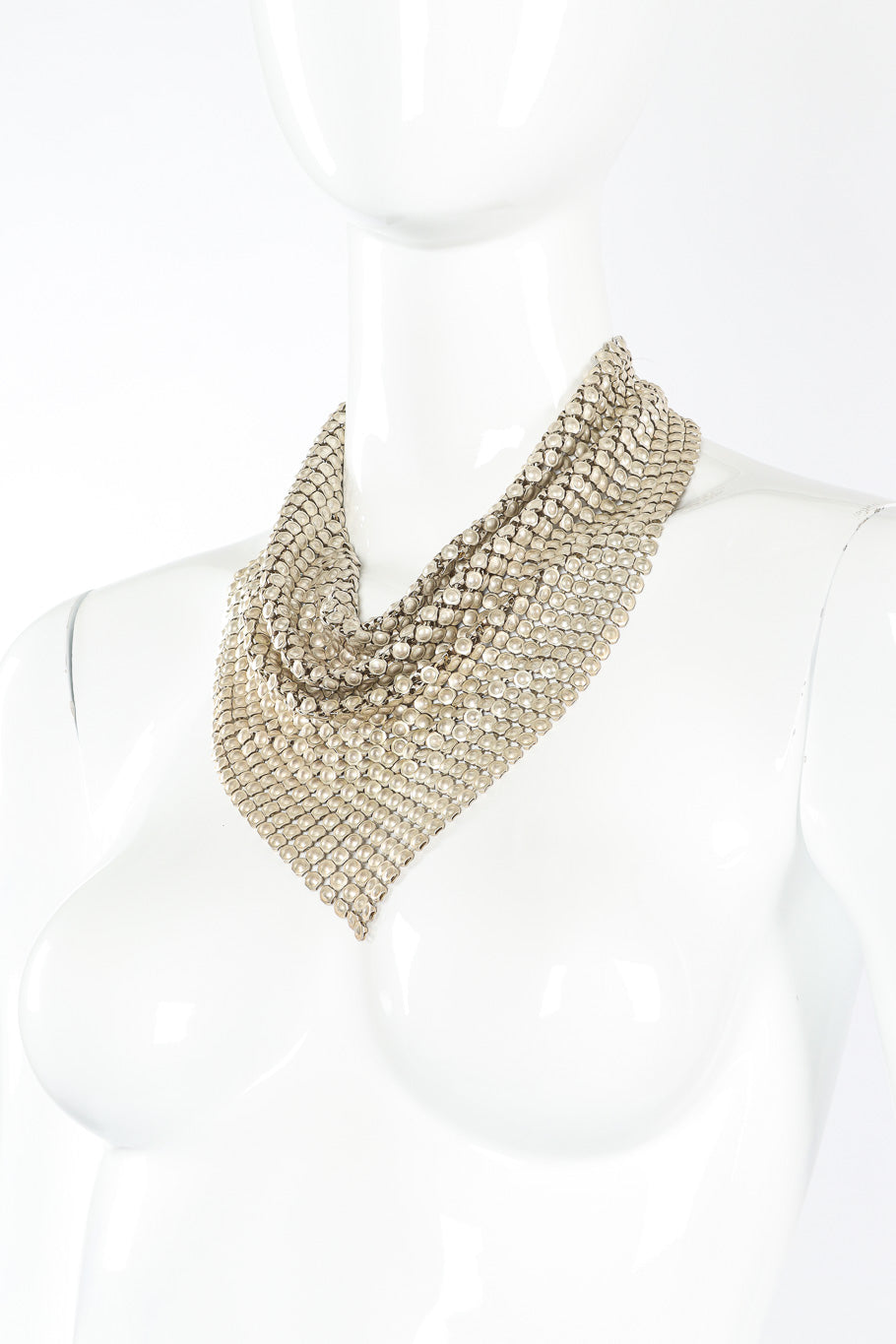 Silver tone metal mesh bib necklace on mannequin close @recessla