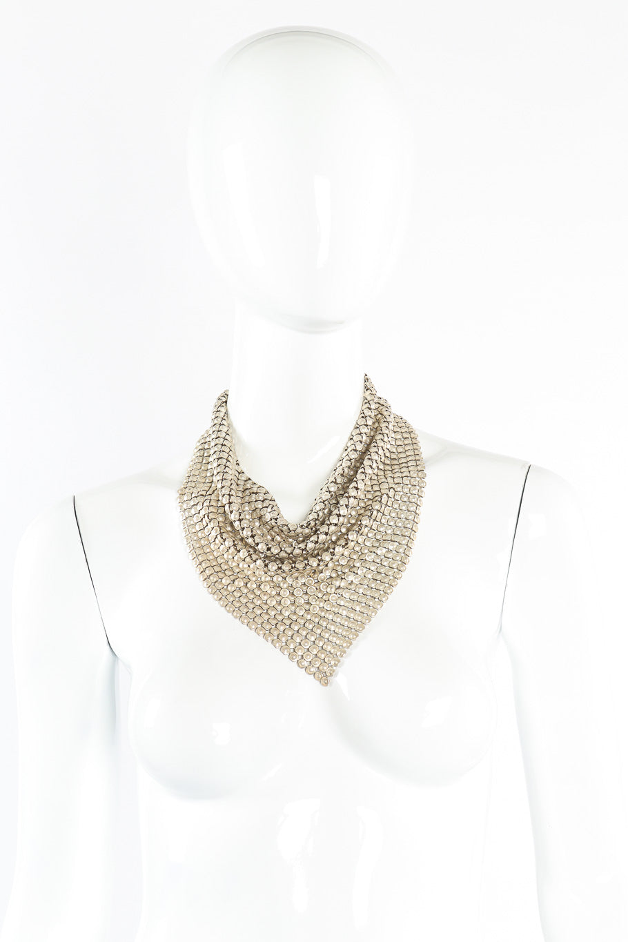Silver tone metal mesh bib necklace on mannequin front @recessla