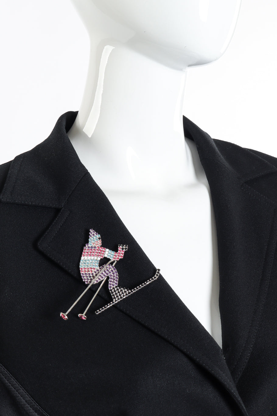 Vintage Dorothy Bauer Rhinestone Skier Brooch on mannequin @recessla