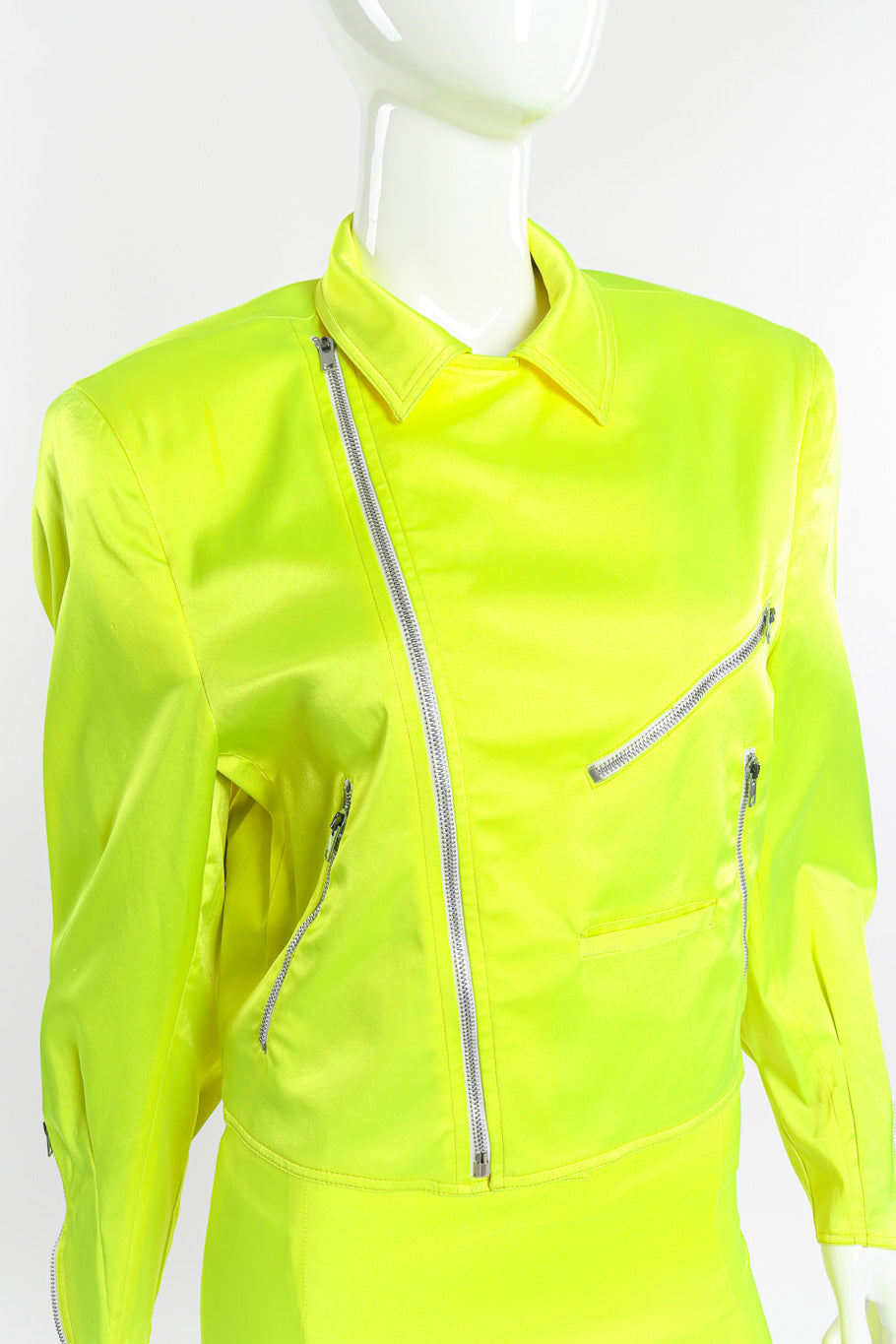 Day-Glo Moto Jacket & Skirt Set by Stephan Sprouse on mannequin jacket close zipped fully @recessla