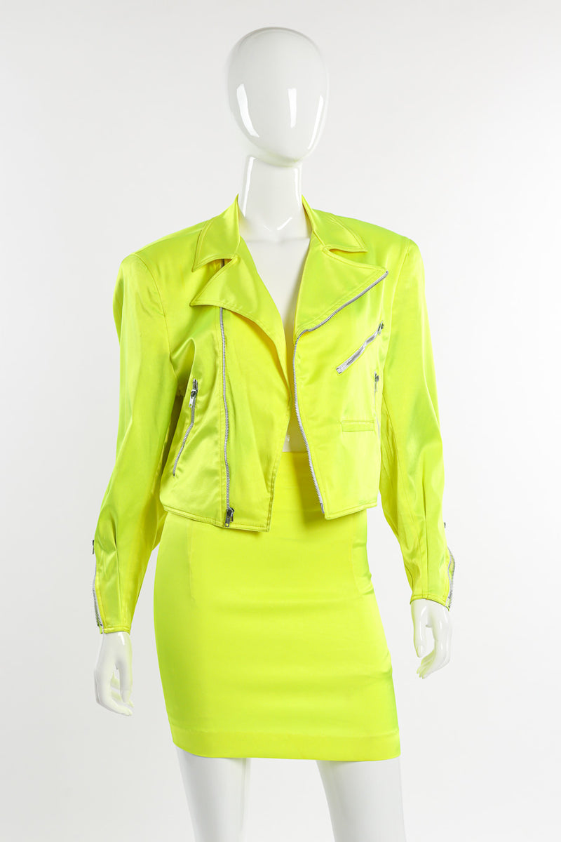 Day-Glo Moto Jacket & Skirt Set by Stephan Sprouse on mannequin close jacket open @recessla