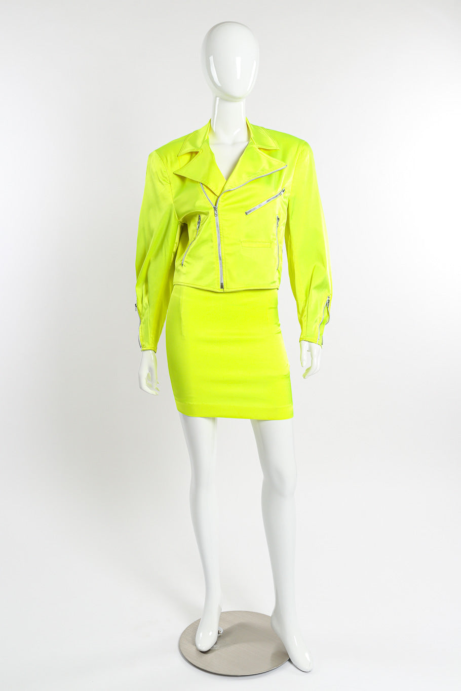 Day-Glo Moto Jacket & Skirt Set by Stephan Sprouse on mannequin @recessla