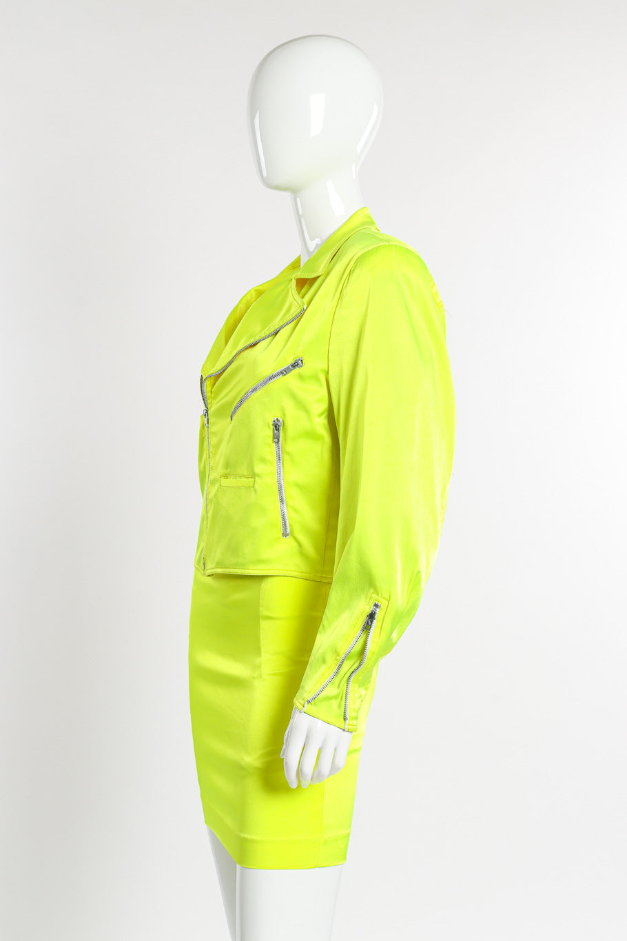 Day-Glo Moto Jacket & Skirt Set by Stephan Sprouse on mannequin side  @recessla