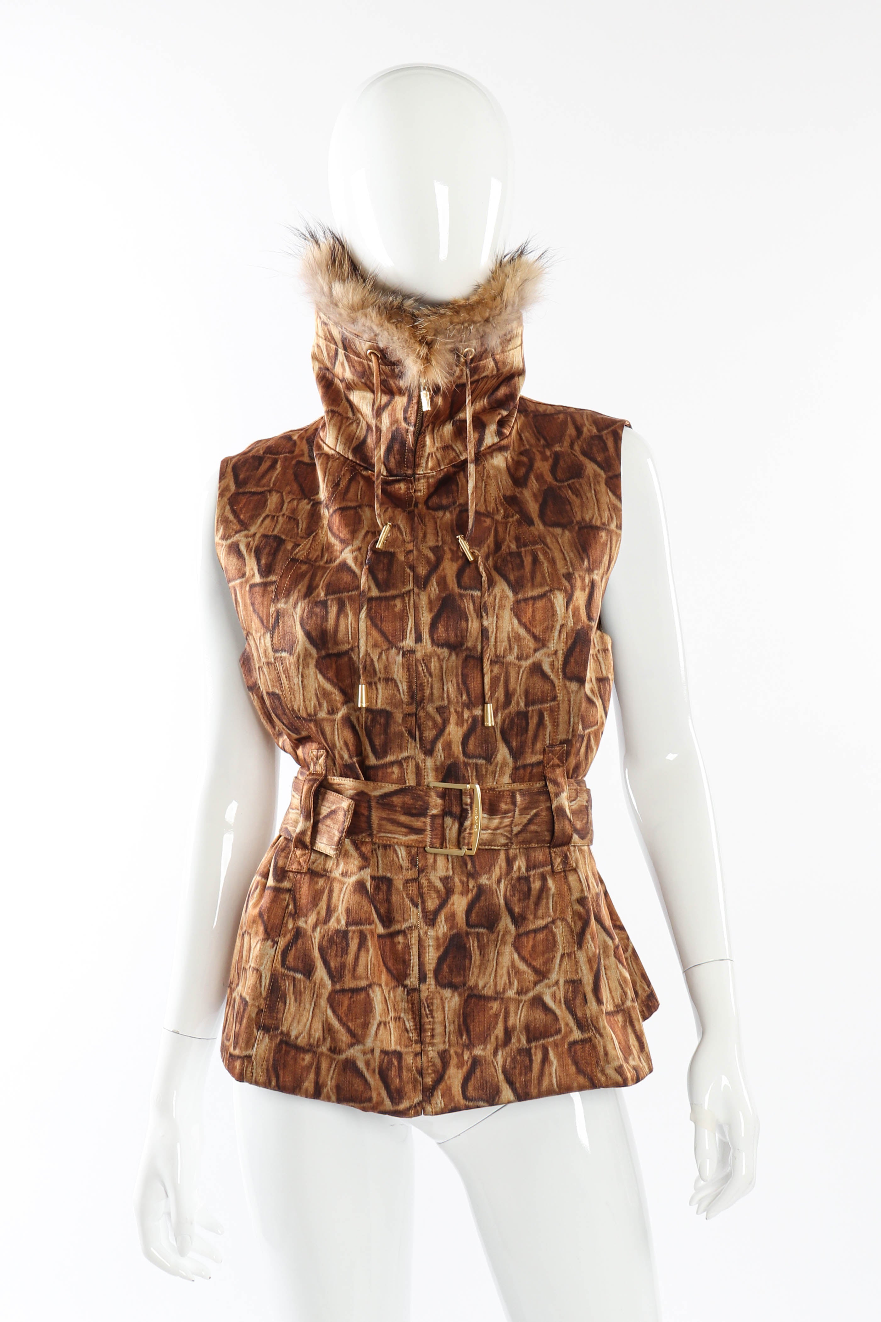 Vintage St. John Sport Giraffe Print Fur Vest front on mannequin zipped up @recessla