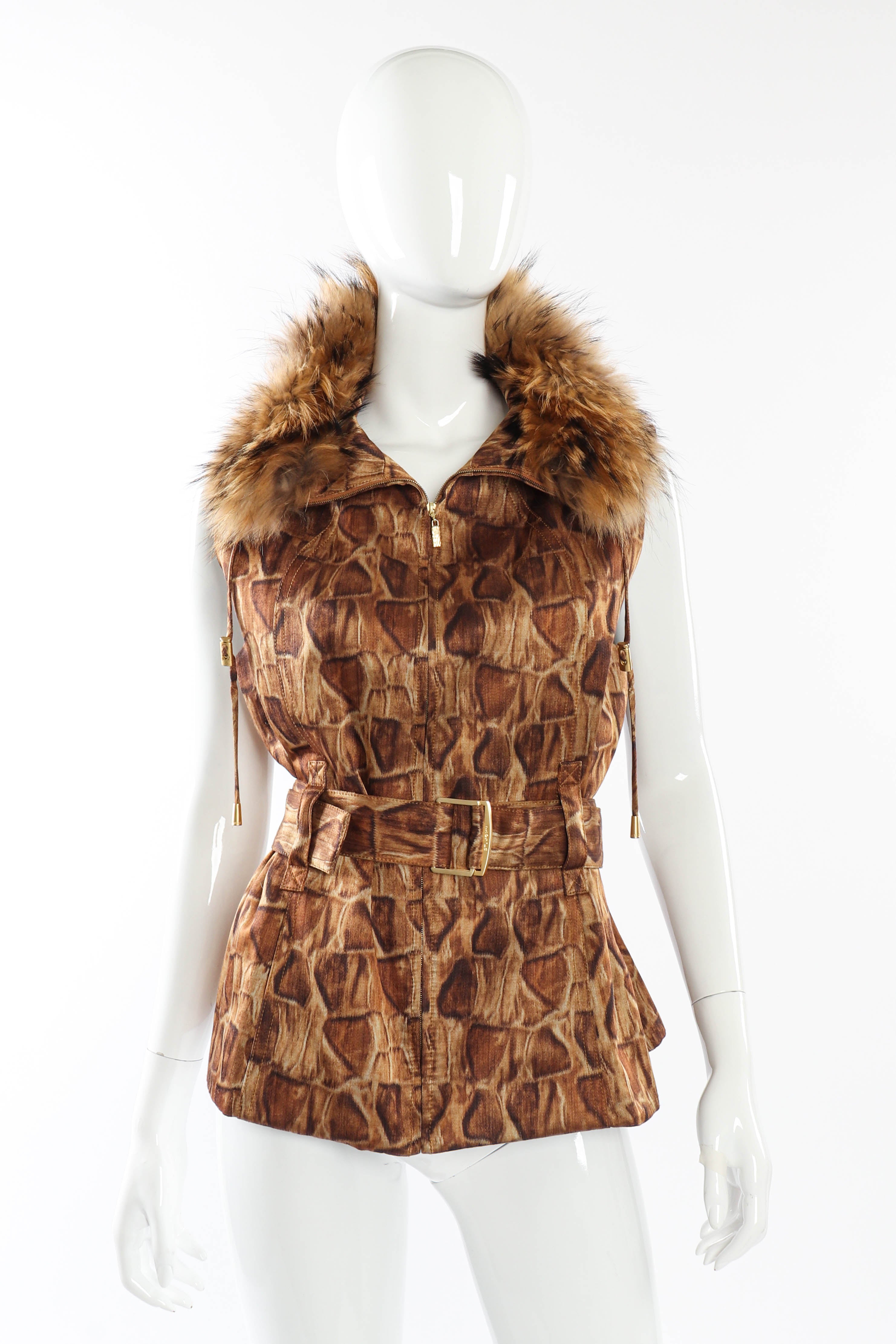 Vintage St. John Sport Giraffe Print Fur Vest front on mannequin @recessla