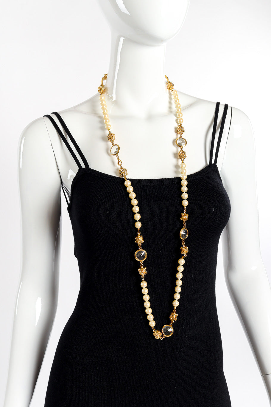 Vintage St. John Crystal and Pearl Chain Necklace on mannequin @recessla