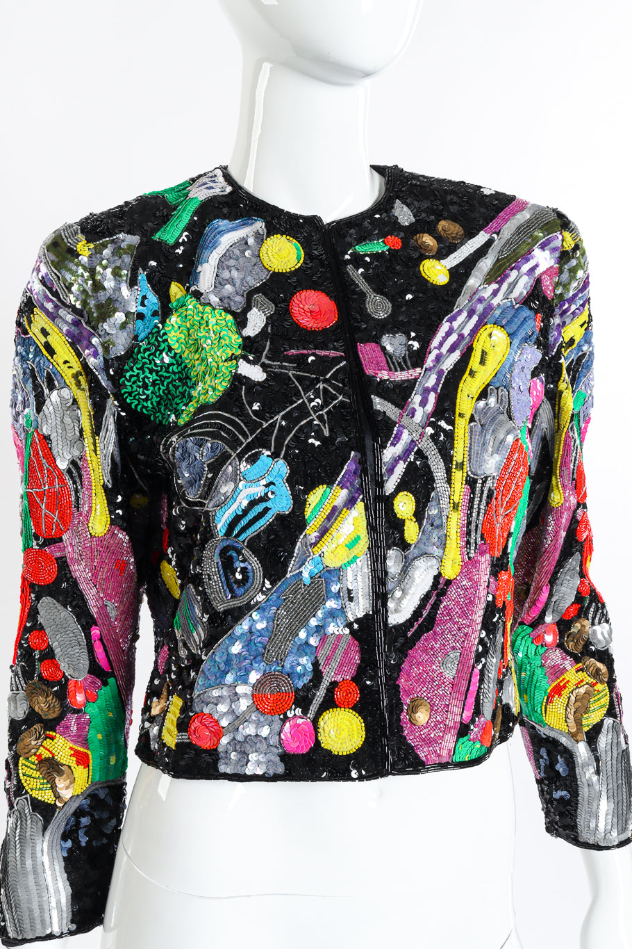 Vintage St. Martin Abstract Beaded Jacket front on mannequin closeup @recessla