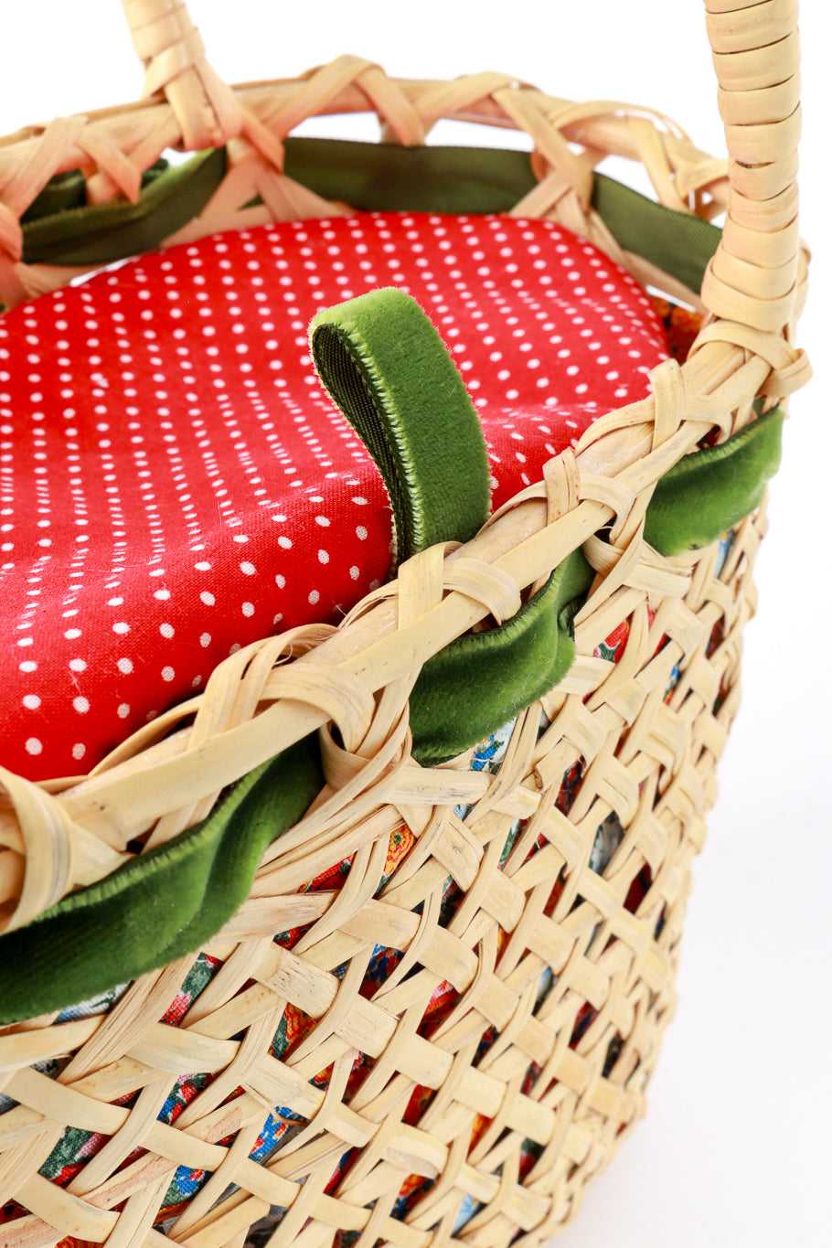 Vintage Woven Strawberry Picnic Bag velvet trim closeup @recess la