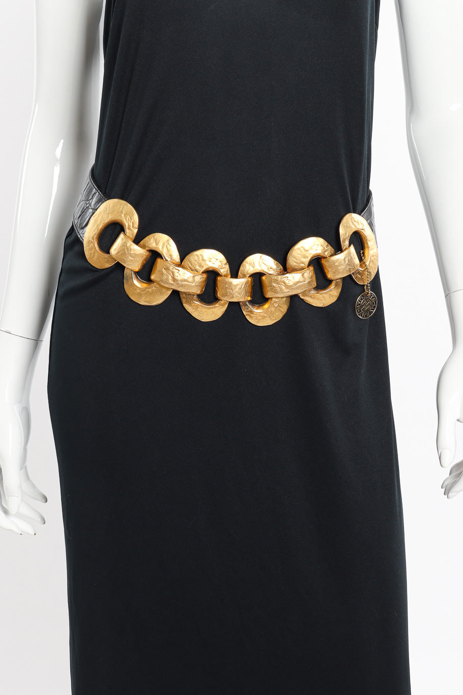 Hammered Ring Link Belt by Streets Ahead on mannequin in black dress @recessla
