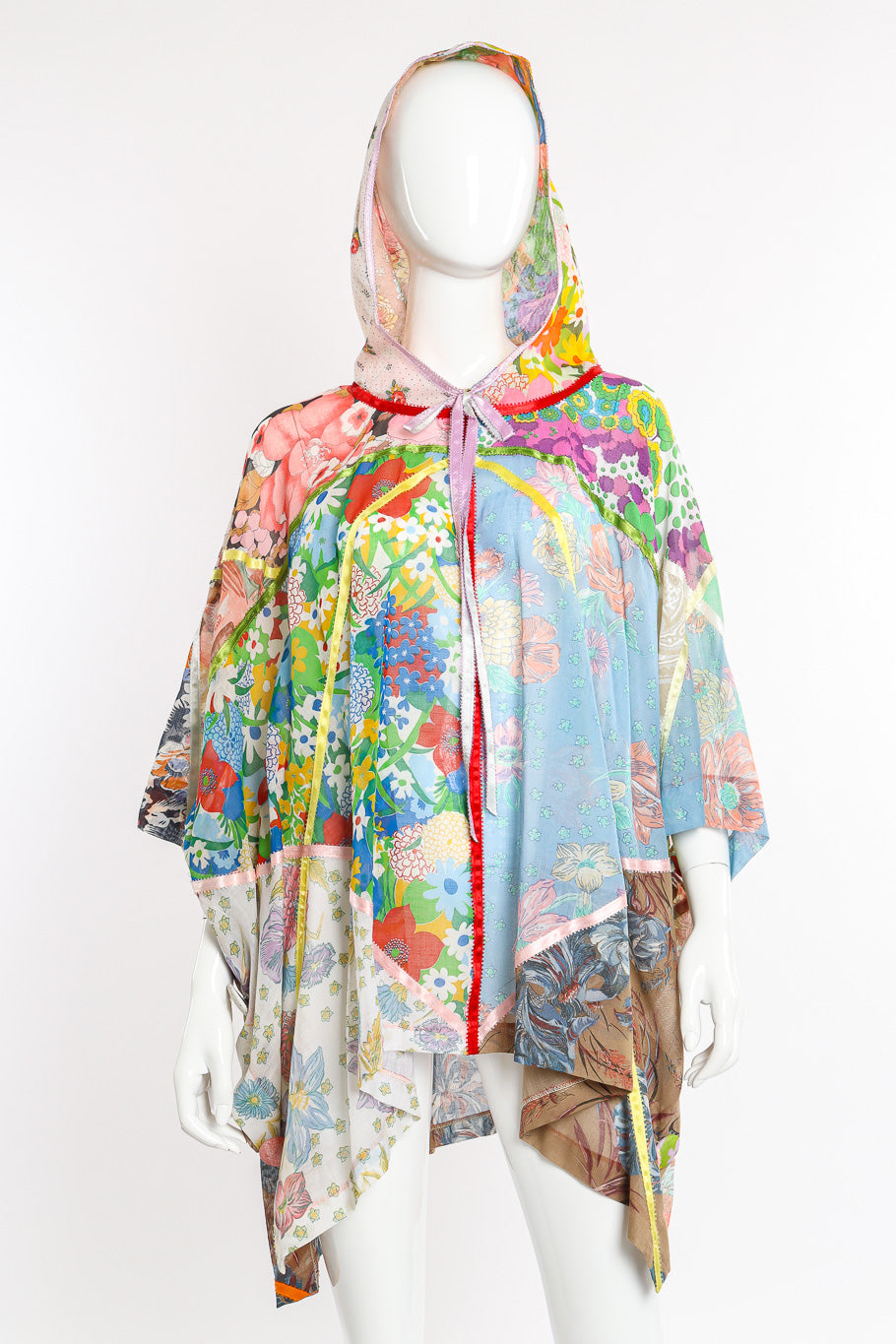 Vintage The French Clique Hooded Floral Patchwork Poncho II front view with hood up on mannequin @Recessla