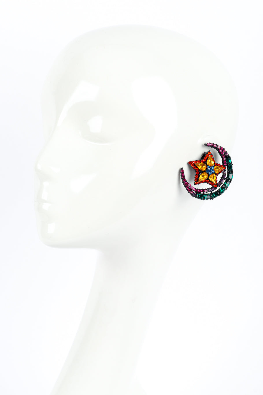 Vintage Thelma Deutsch Crescent Moon & Star Crystal Earrings on mannequin @recess la