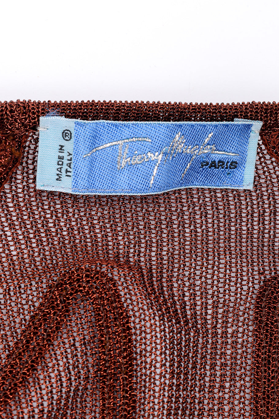 Vintage Thierry Mugler Metallic Cable Cardigan signature label closeup @recessla