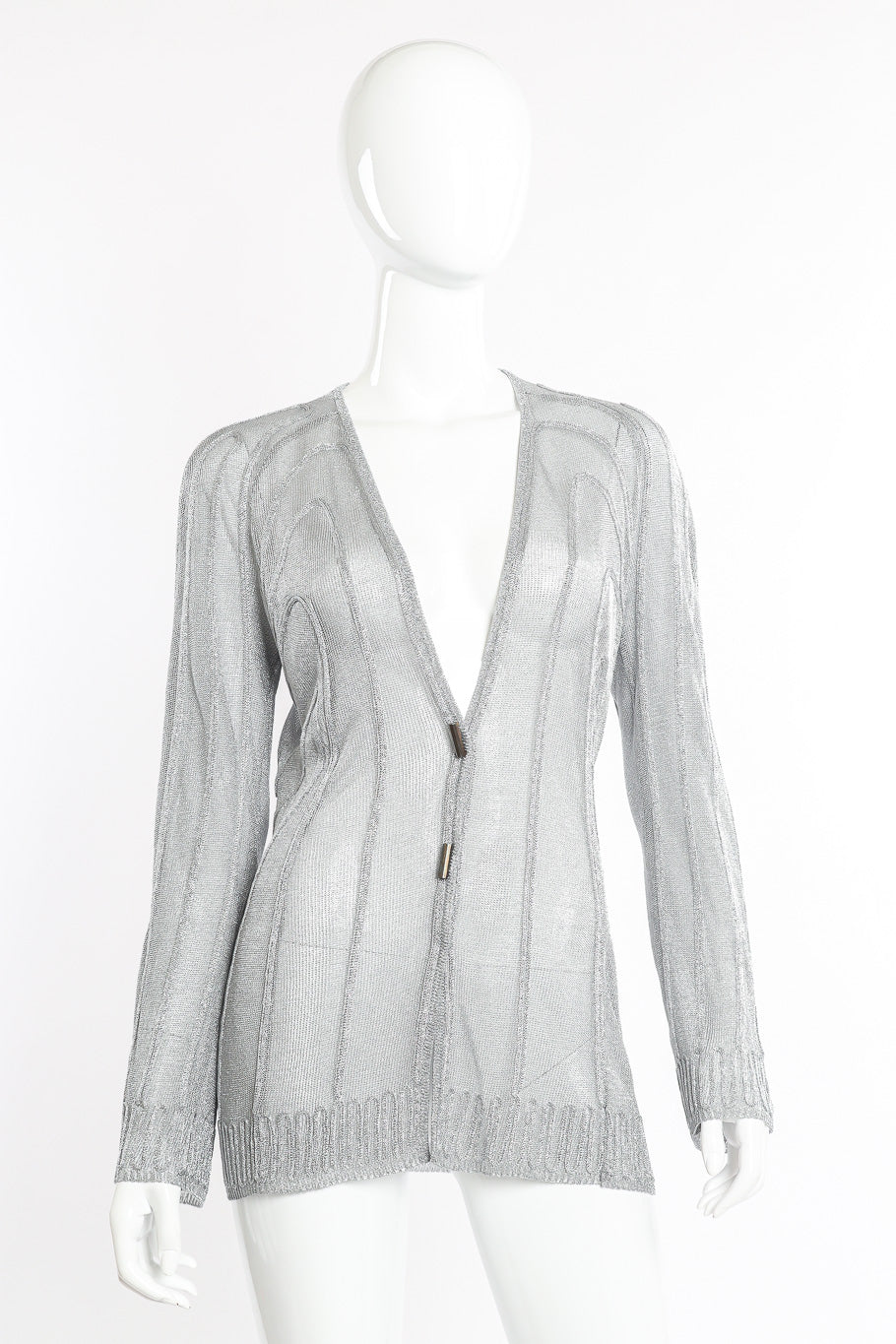 Vintage Thierry Mugler Metallic Cable Knit Cardigan front view on mannequin @Recessla